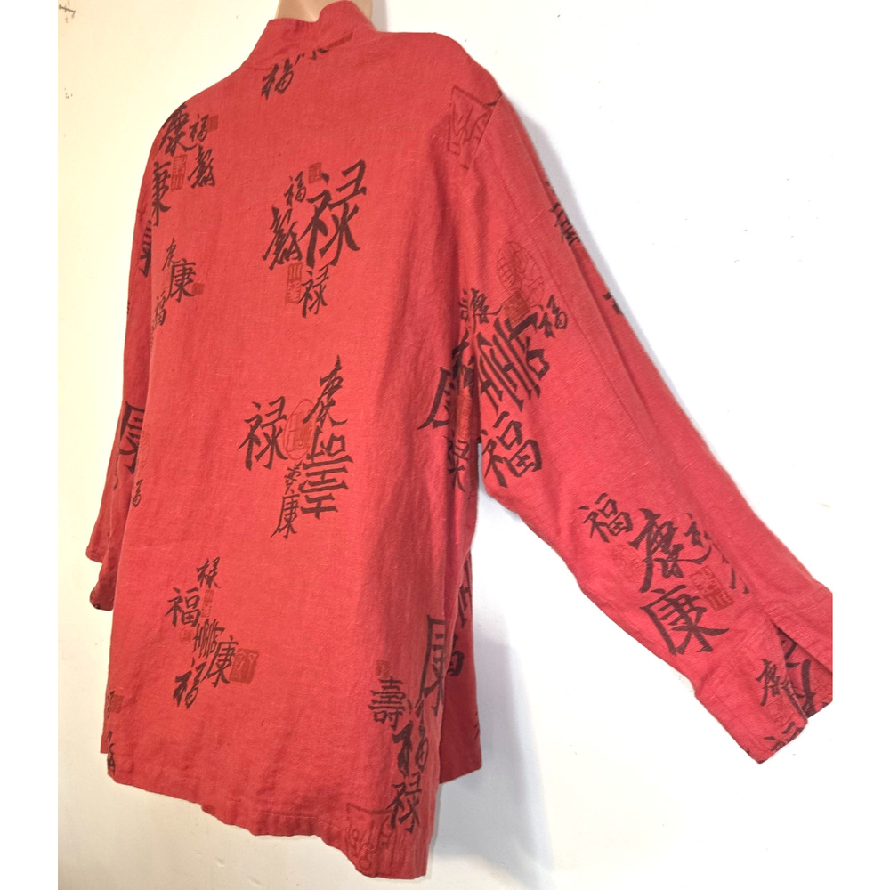 VTG Painted Pony Red Linen Jacket Top 1X Asian Designs Large Buttons Y2K USA - Picture 7 of 16